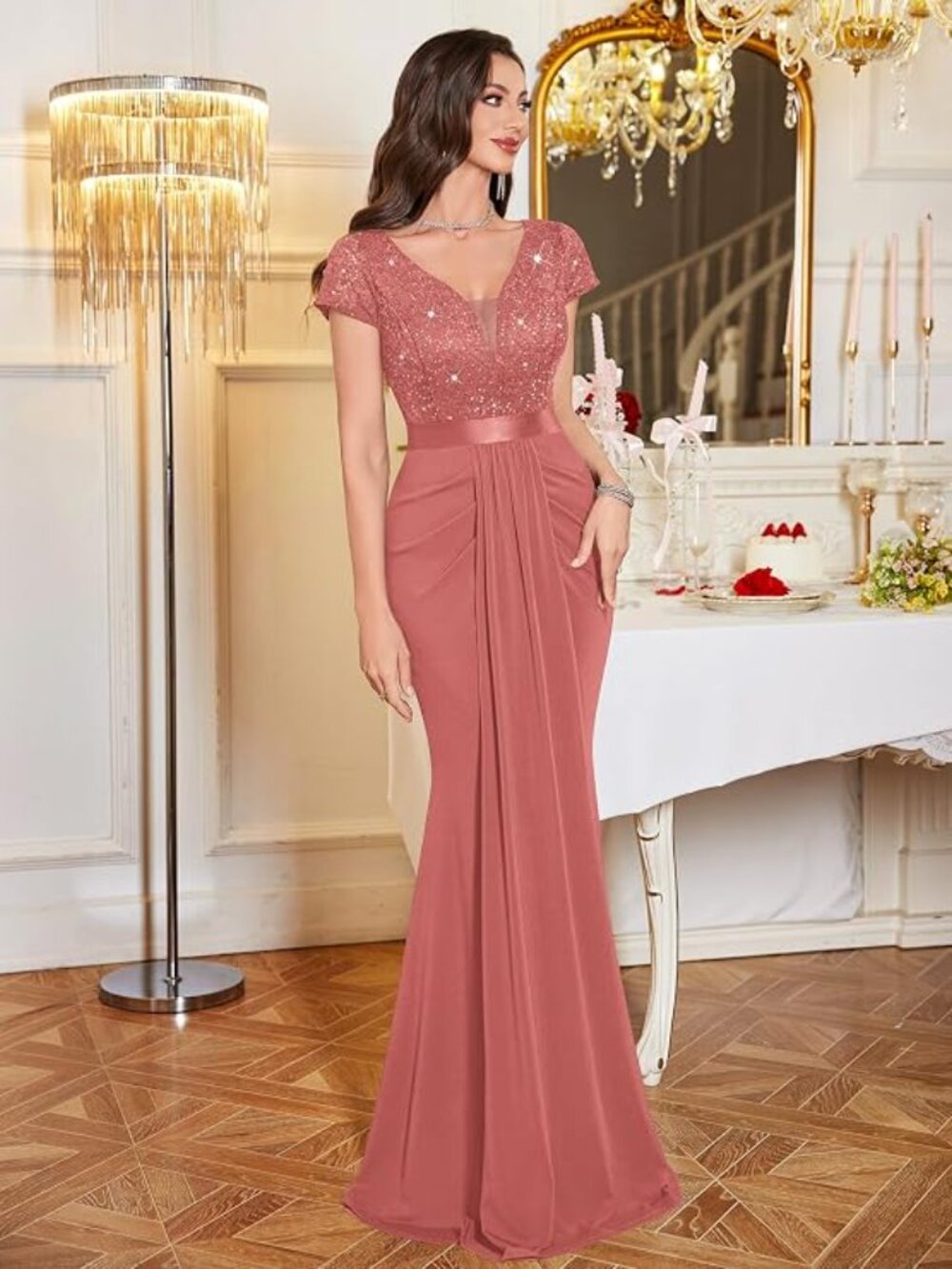 Women's Deep V-Neck Lace Sequin Pleated Evening Formal Dress  Cinnamon Pink - Picture 3 of 5